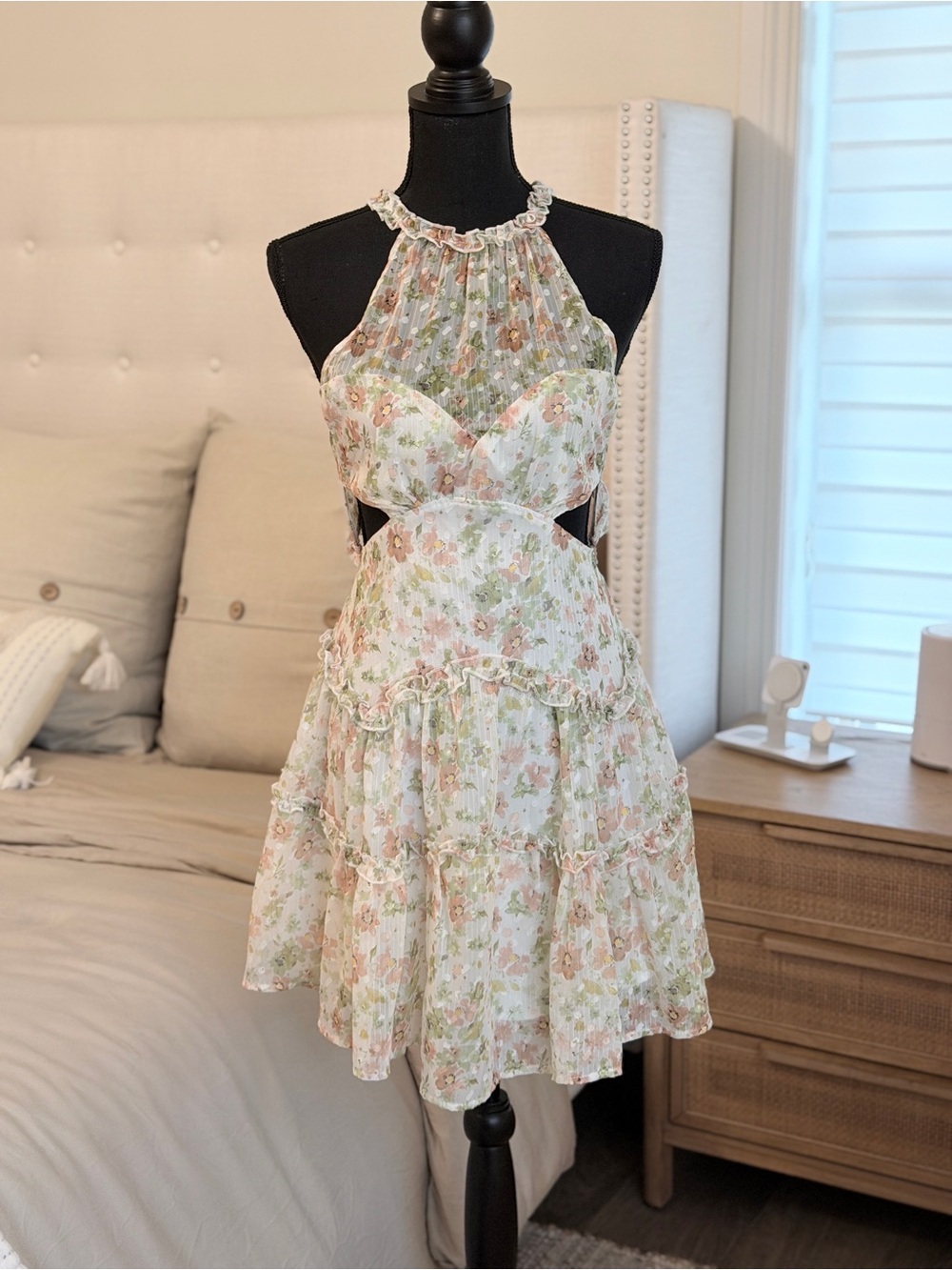 NWT Pastel Floral Halter Cutout Mini Dress